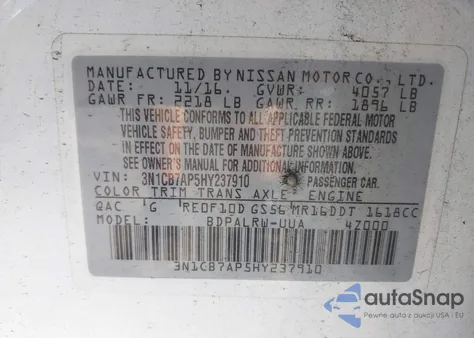 2017 Nissan Sentra Sr Turbo из США, поврежденный, VIN 3N1CB7AP5HY237910